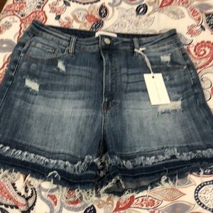 Blue Distressed Jean Shorts with Frayed Hem